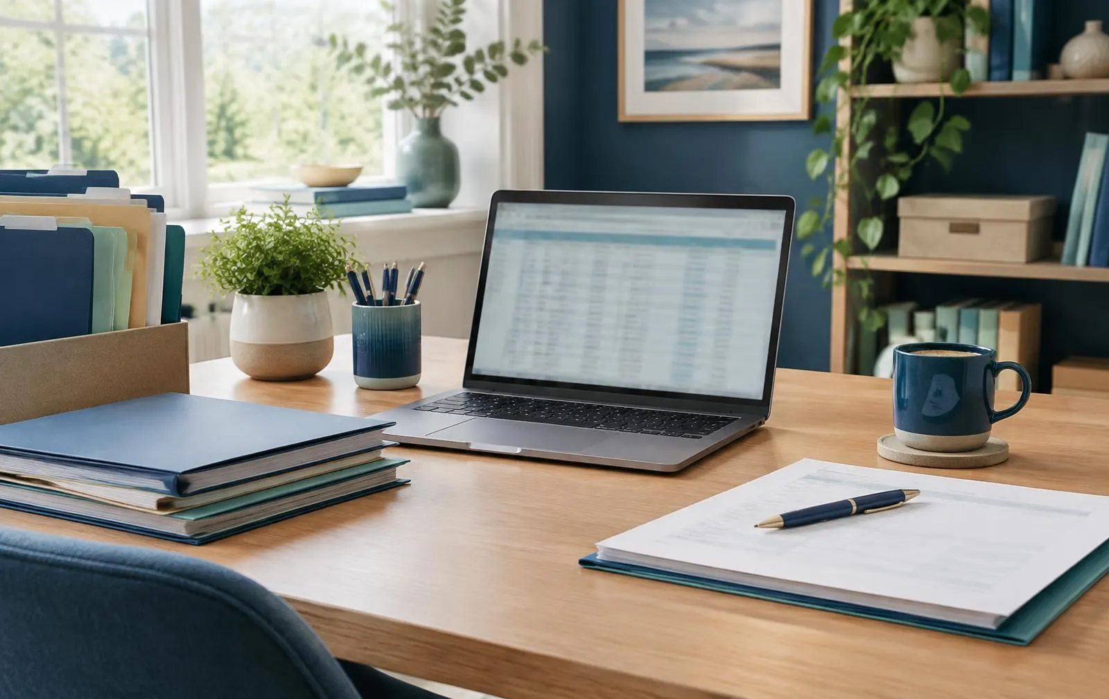Mesa de escritório organizada com notebook, pastas e documentos